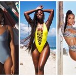 A picture of three Caribbean women in bathing suits.