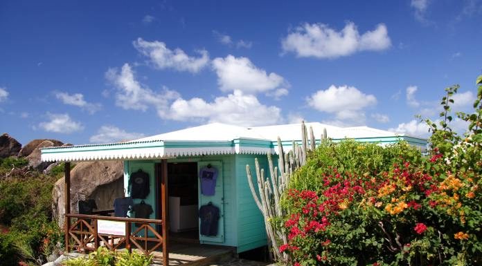 A turquoise blue small Caribbean shop that's surrounded by plants on a cliff next to the beautiful ocean.