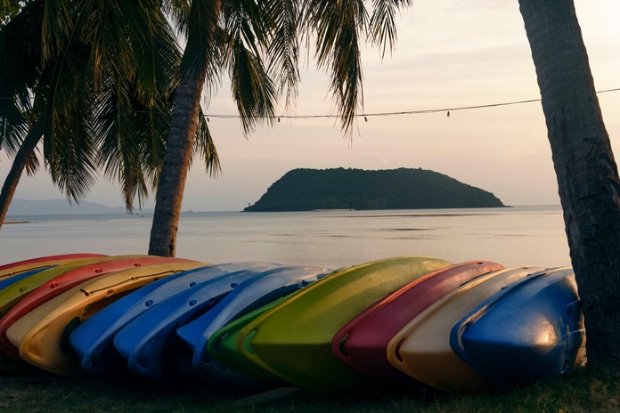 A close-up on a row of multiple colorful kayaks lying on their side next to three palm trees close to the shoreline.