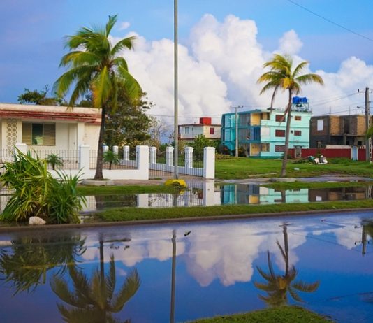 A flooded street in a neighborhood with palm trees and colorful homes reflecting in standing rainwater after a storm.